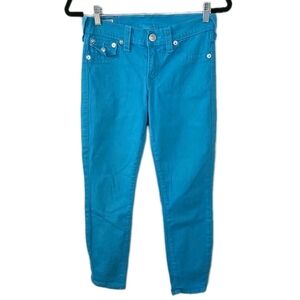 True Religion Brooklyn Flaps Pockets Aqua Blue Women's Size 27 Skinny‎ Jeans USA